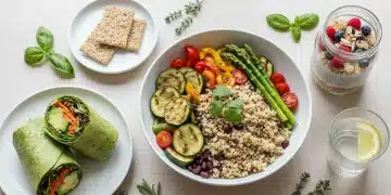 Assortment of healthy quick meals for mindful eating, including salads, wraps, and overnight oats.