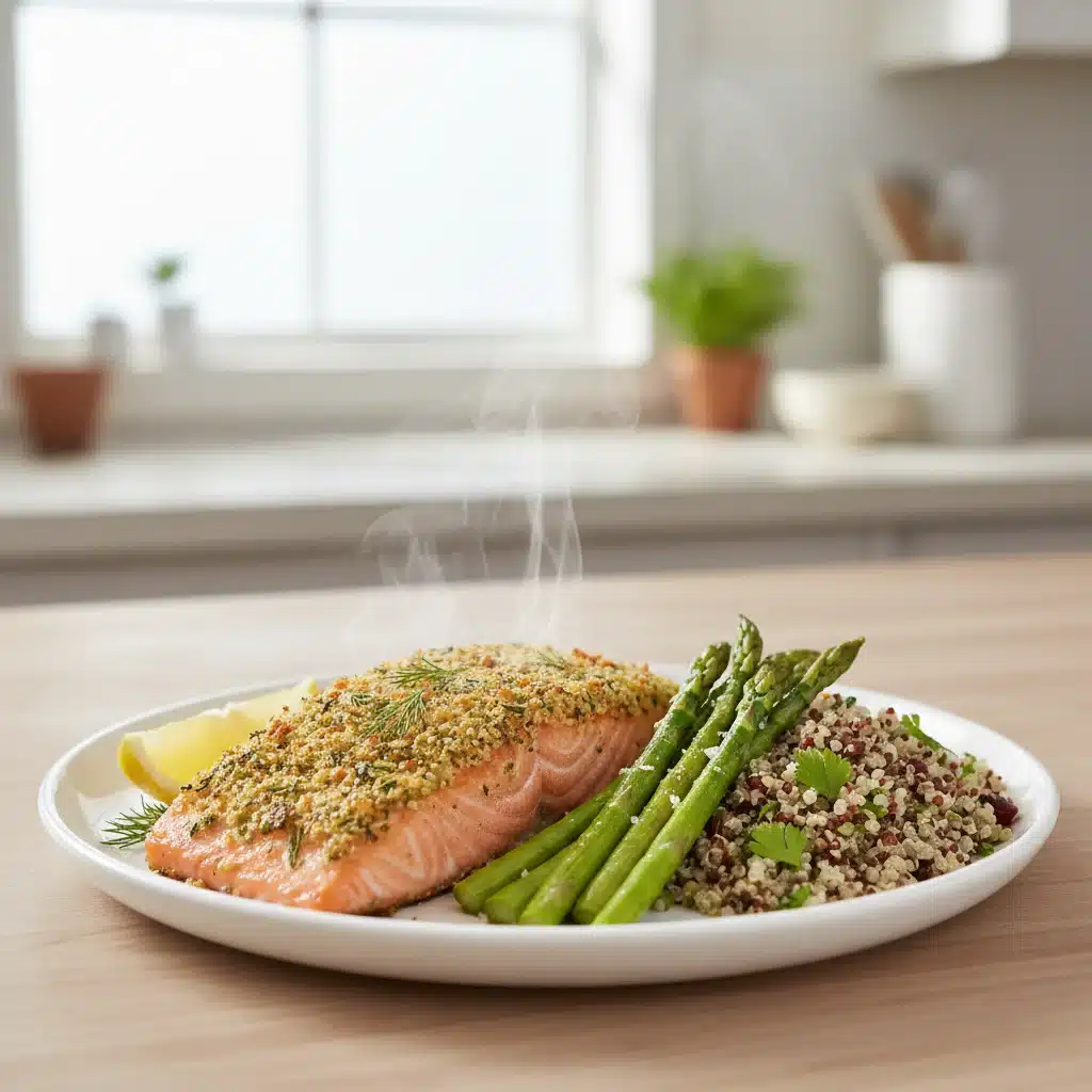 Delicious and healthy lemon herb salmon with asparagus and quinoa, ready in 20 minutes.