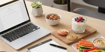 Healthy snacks on an office desk, symbolizing productivity and wellness for busy professionals.