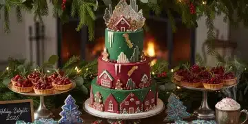 Festive holiday dessert spread with various sweet treats and decorations.