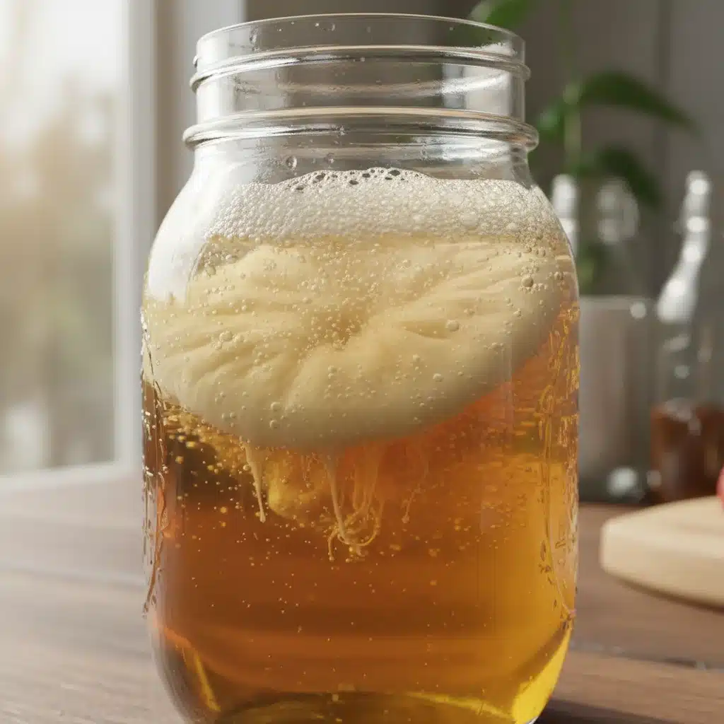 Close-up of homemade kombucha fermenting in a glass jar.