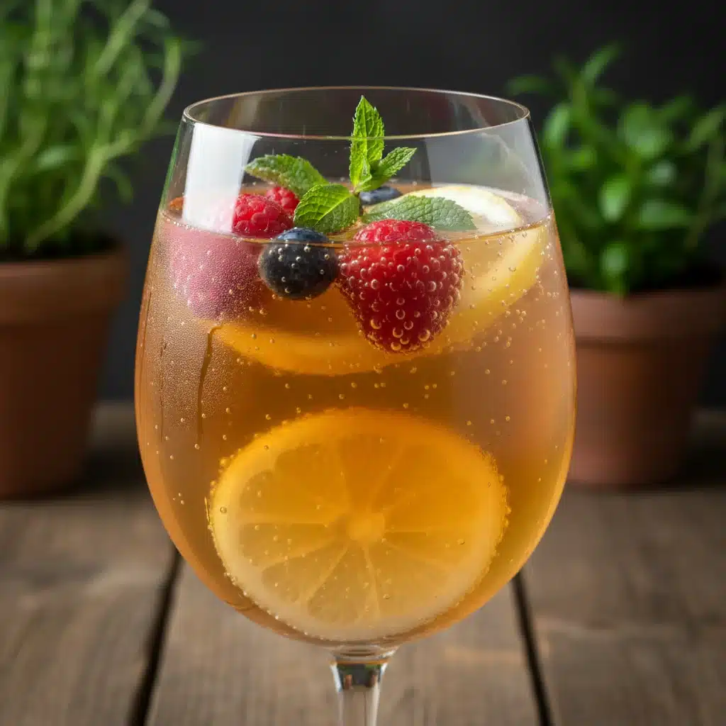 Refreshing glass of homemade kombucha with berries and lemon, showing the SCOBY.