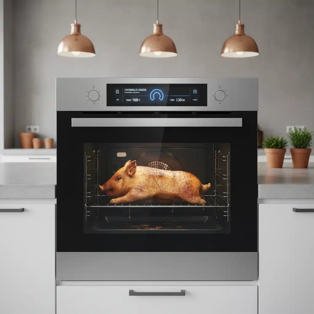 Horno inteligente preparando un cochinillo asado con control de temperatura preciso.