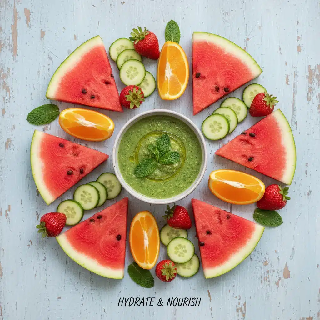 Colorful flat lay of hydration-rich foods like watermelon, cucumber, and oranges.