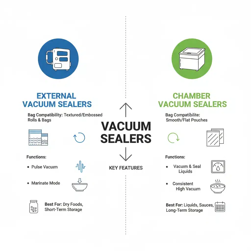 Infografía comparando tipos de envasadoras al vacío: externas y de cámara, con sus características principales.