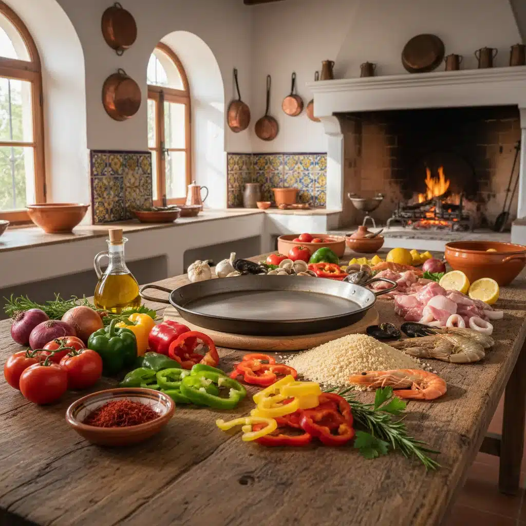 Ingredientes frescos e de alta qualidade para paella, incluindo açafrão e arroz bomba, dispostos em uma mesa rústica.