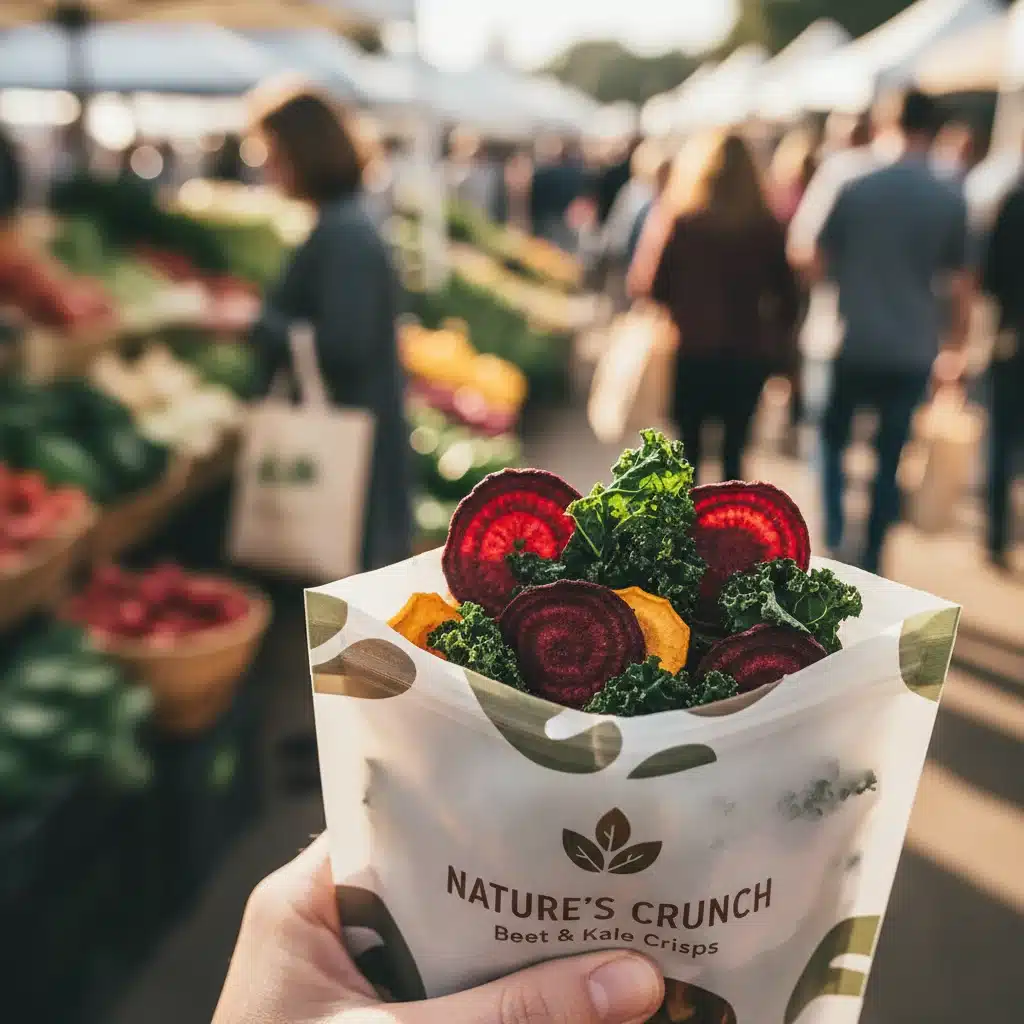 Hand holding a pouch of innovative vegetable crisps, representing sustainable and healthy snack options.