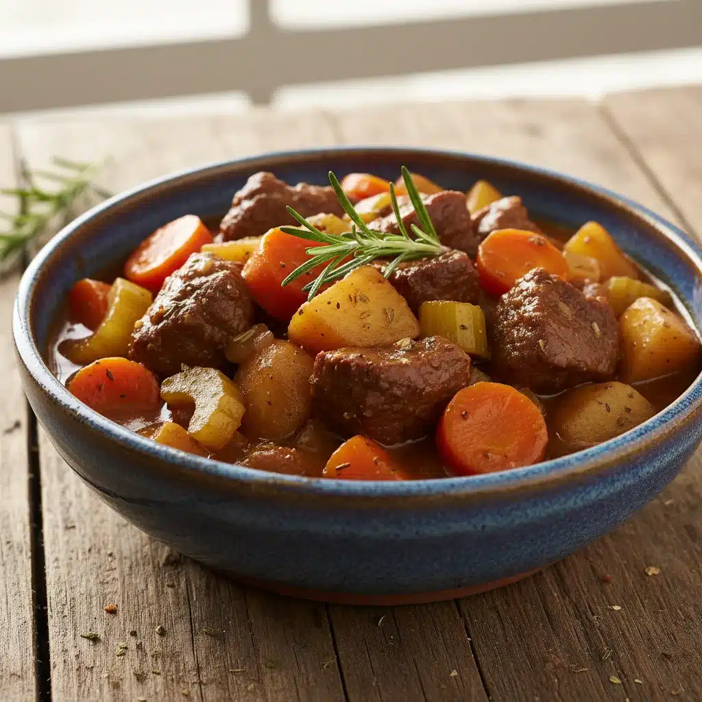 Hearty Instant Pot beef stew with tender beef, carrots, and potatoes, served in a rustic bowl on a wooden table.