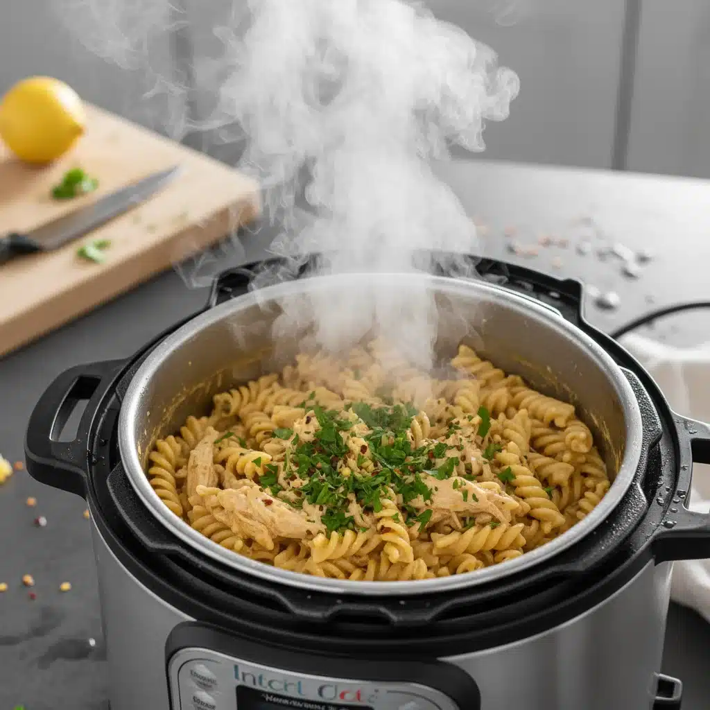 Steaming Instant Pot with creamy chicken pasta, garnished with fresh herbs, showcasing a quick and delicious meal.