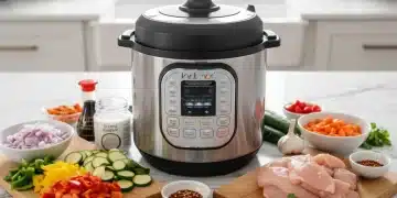 Modern kitchen with Instant Pot, fresh ingredients, and colorful vegetables ready for quick cooking.