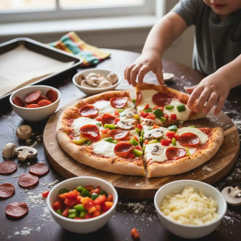 Children's hands selecting toppings for a homemade build-your-own pizza, promoting family cooking fun.