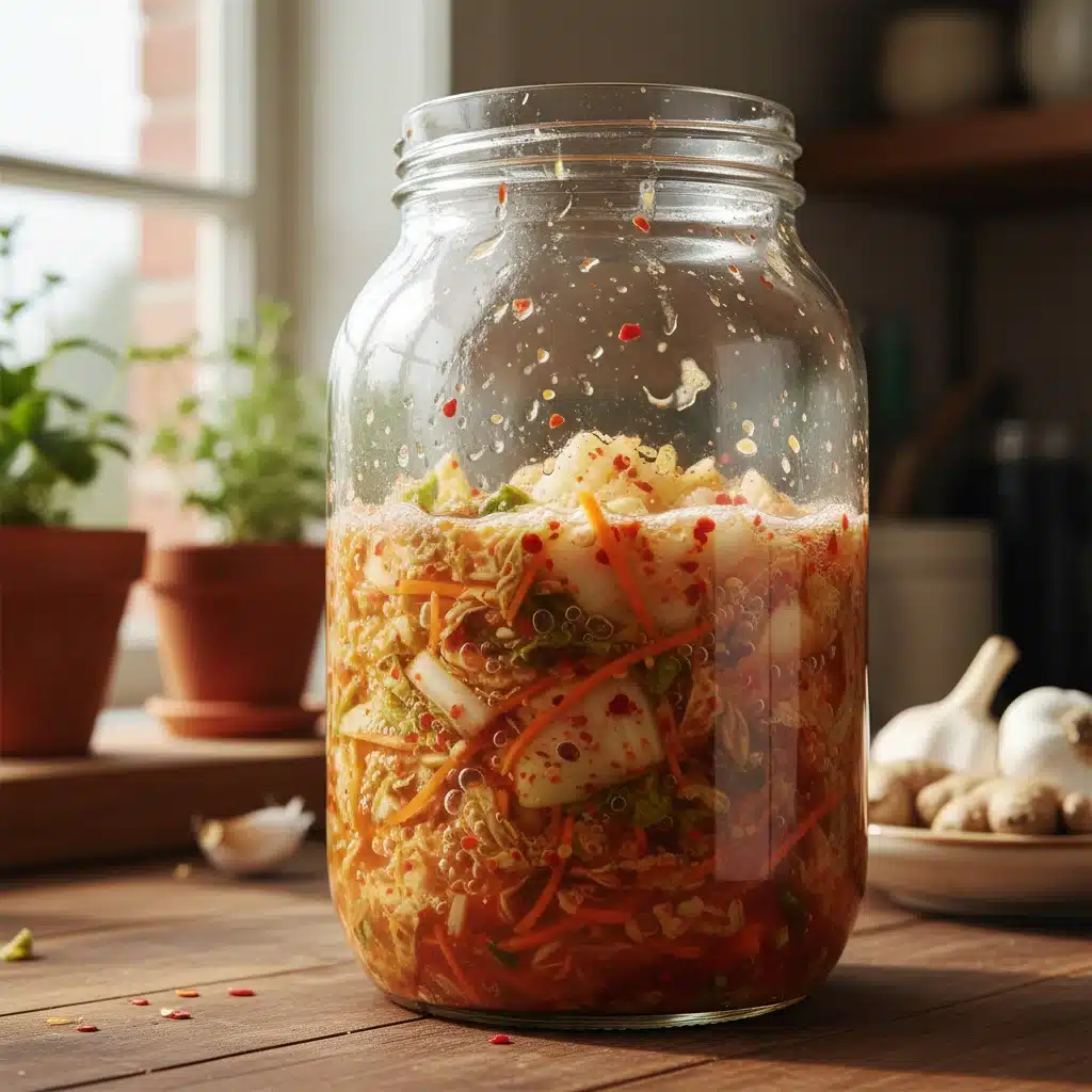 Homemade kimchi actively fermenting in a glass jar, showcasing the bubbling process.