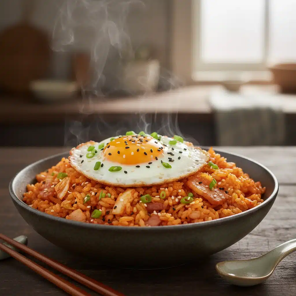 Delicious and colorful kimchi fried rice with a fried egg and green onions.