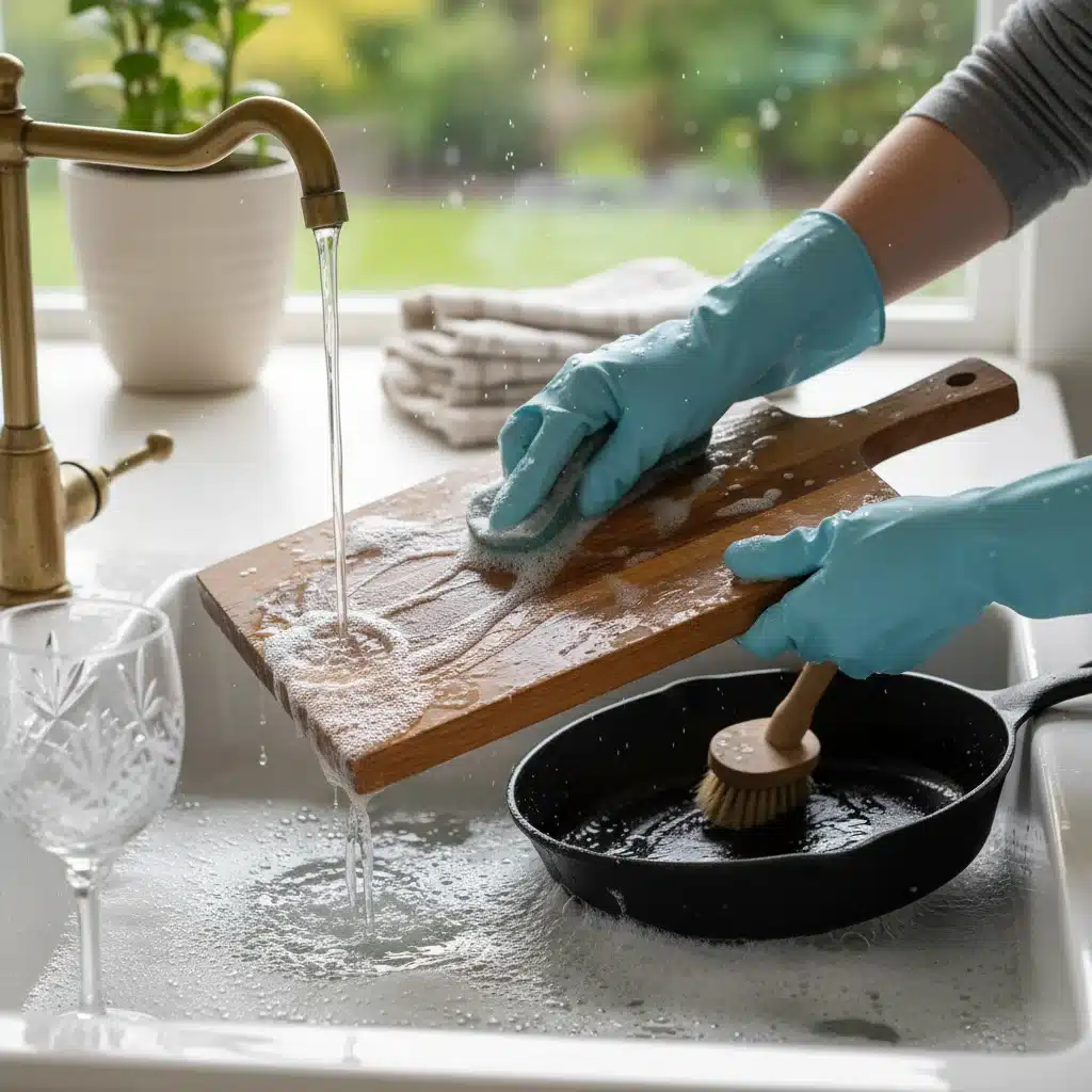 Manos lavando a mano utensilios delicados como tabla de madera y sartén de hierro fundido.