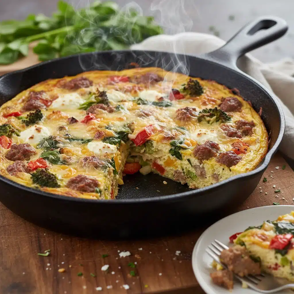 Savory frittata made from leftover vegetables and cheese in a cast-iron skillet, freshly baked.