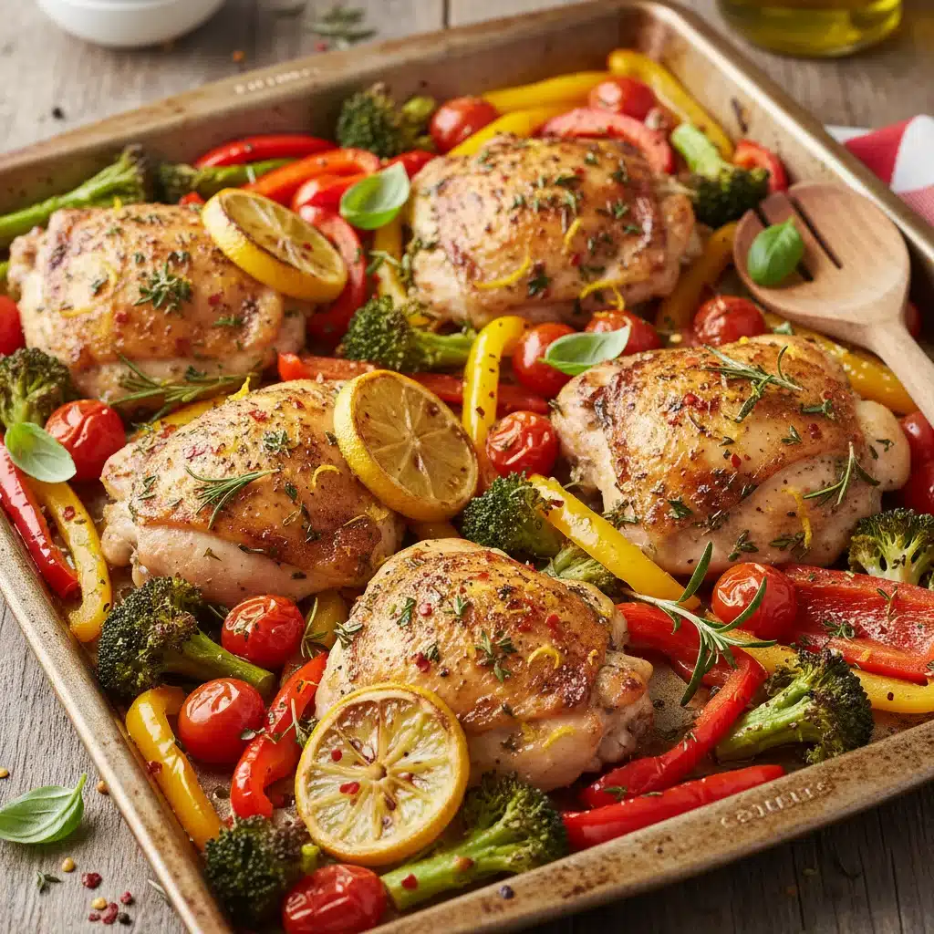 Lemon herb chicken and roasted vegetables on a baking sheet