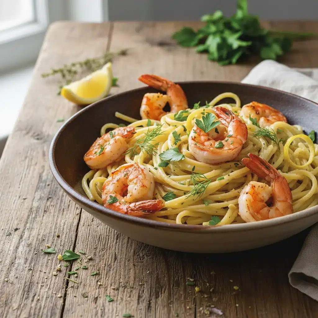 Creamy lemon herb pasta with grilled shrimp, a fast and elegant weeknight meal.