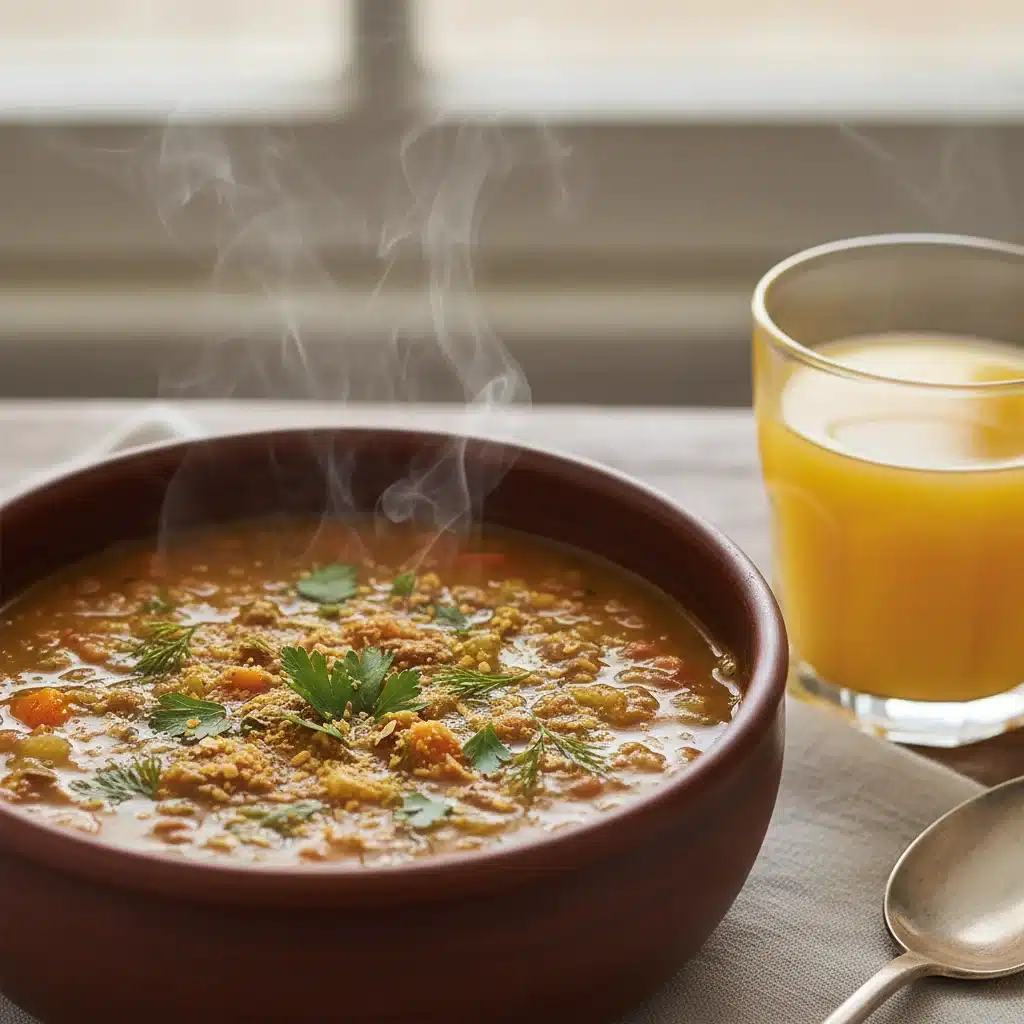 Delicious lentil soup with nutritional yeast and orange juice for better nutrient uptake