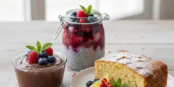 Low-Carb Dessert Recipes 2026: Guilt-Free Sweet Treats Assortment of delicious low-carb dessert recipes, including chocolate mousse, berry chia pudding, and lemon almond cake.