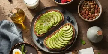 Colorful low-GI breakfast spread with whole grains, fruits, and healthy fats for stable blood sugar.