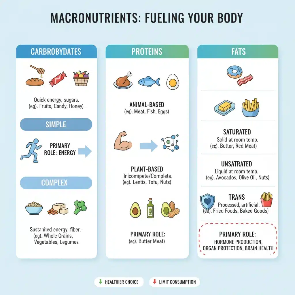 Infographic showing carbohydrate, protein, and fat types with food examples