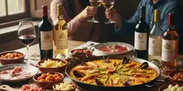 Mesa con platos de comida española y diferentes tipos de vinos españoles para maridaje.