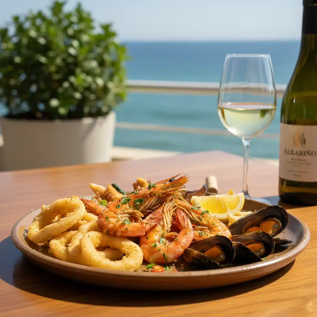 Plato de mariscos frescos con una copa de vino blanco, ideal para maridajes ligeros.
