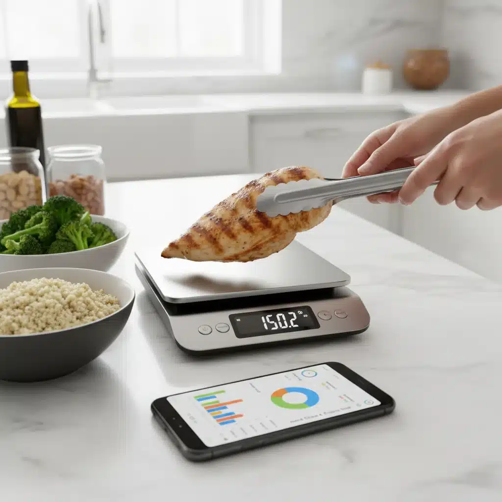Person weighing food portions for precise macronutrient tracking