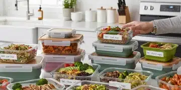 Assortment of meal prep containers filled with healthy meals on a kitchen counter, ready for storage.