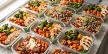 Assortment of colorful and healthy meal prep main dishes in clear containers, ready for the week.