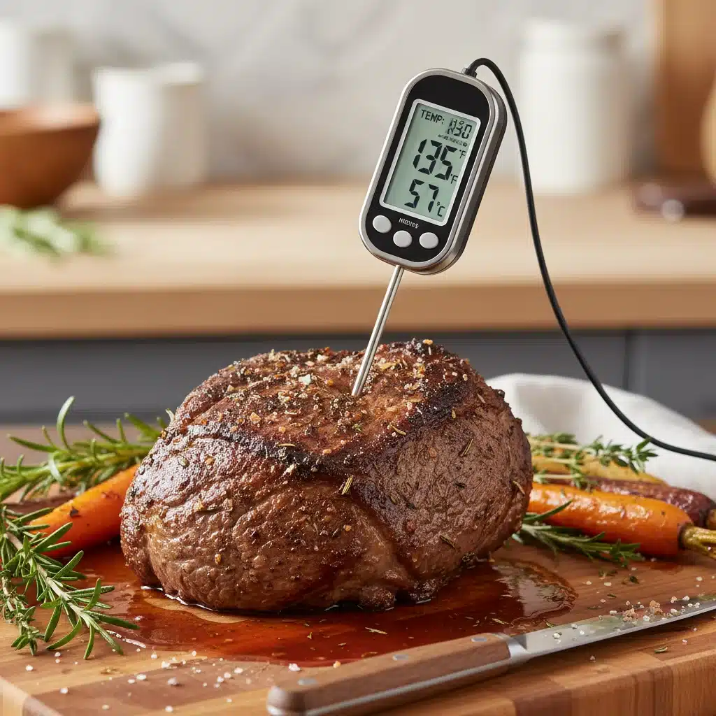 Digital meat thermometer showing perfect internal temperature of roasted beef