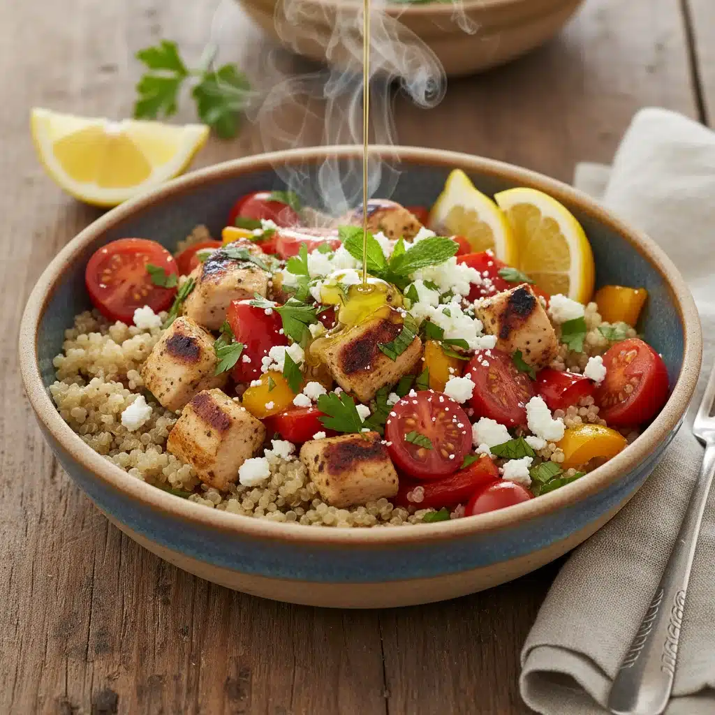 Healthy Mediterranean grain bowl prepared with repurposed leftovers.