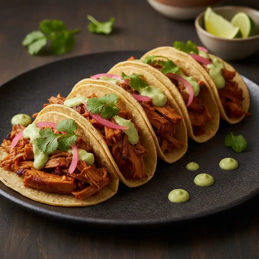 Mini tacos de jaca desfiada com coentro e cebola roxa, uma opção vegana de tapa moderna.