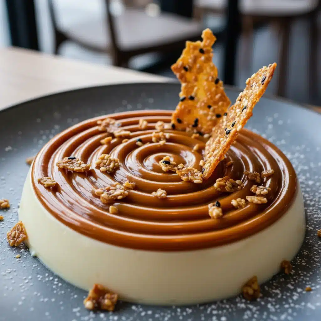 Dessert with glossy miso caramel drizzle and sesame brittle shards.