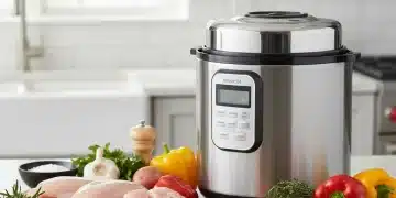Modern pressure cooker with fresh ingredients for a fast meal