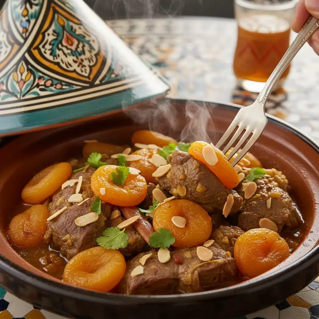 Close-up of a Moroccan Tagine with lamb, apricots, and cilantro, exuding warmth and rich spices.