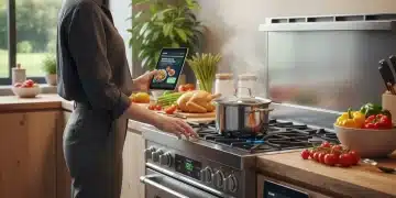 Mulher ajustando o termostato de um forno a gás moderno, com foco na eficiência energética e economia doméstica.