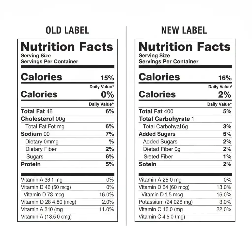 Comparison of old and new FDA nutrition facts labels, showing changes.