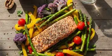 Salmon, walnuts, and colorful vegetables arranged for an omega-3 rich brain health meal.