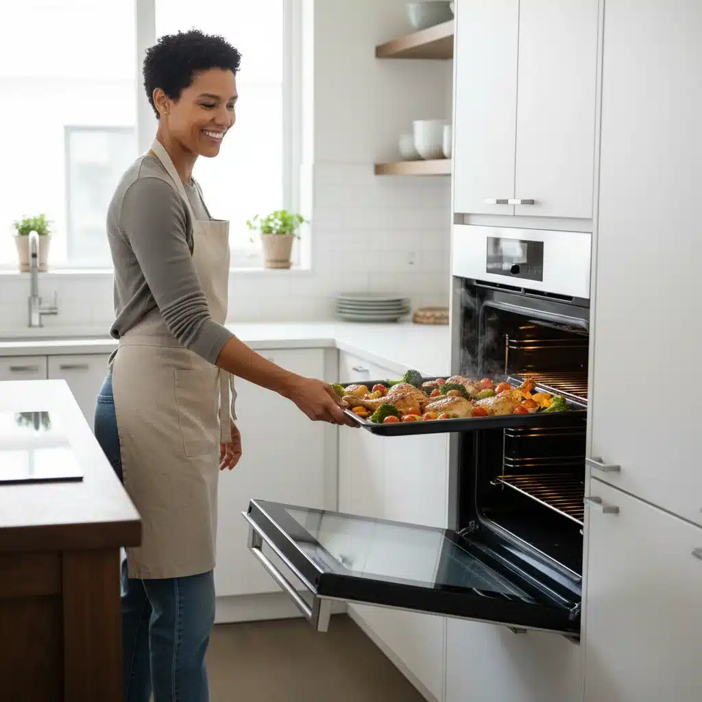 Happy cook taking a finished one-pan meal out of the oven