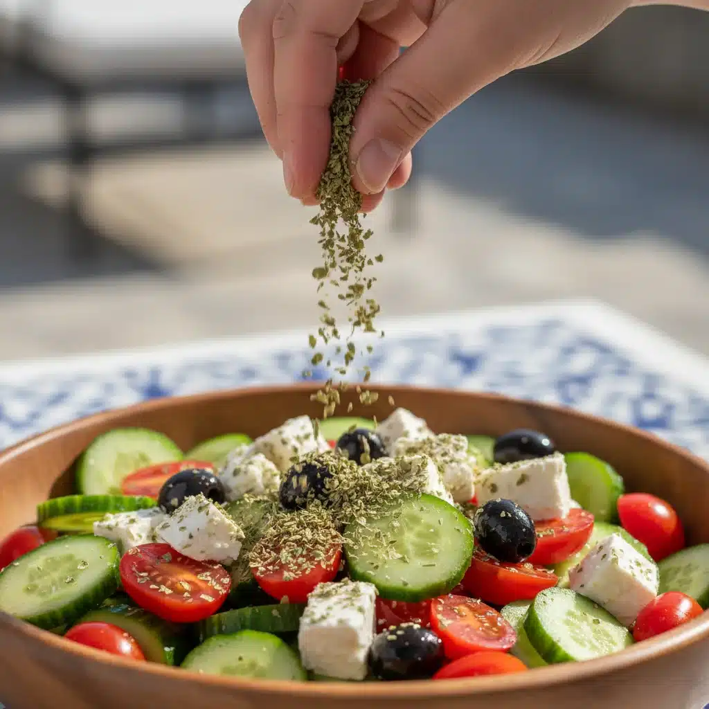 Hand sprinkling dried oregano on a fresh Mediterranean salad