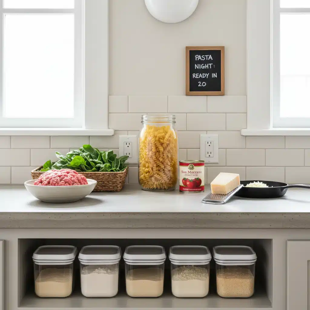 Organized pantry with essential 5-ingredient meal items for quick cooking.