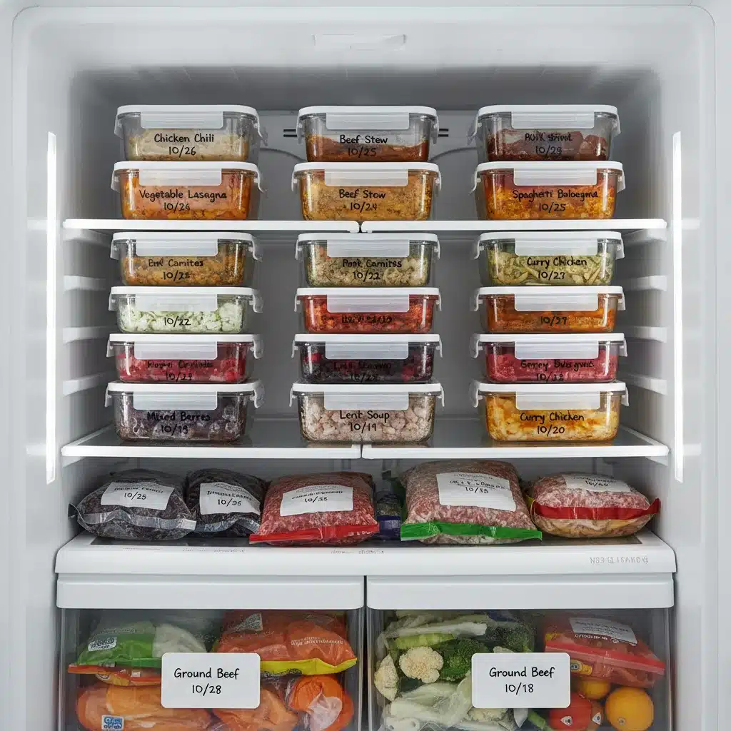 Organized freezer stocked with labeled freezer-friendly meals.