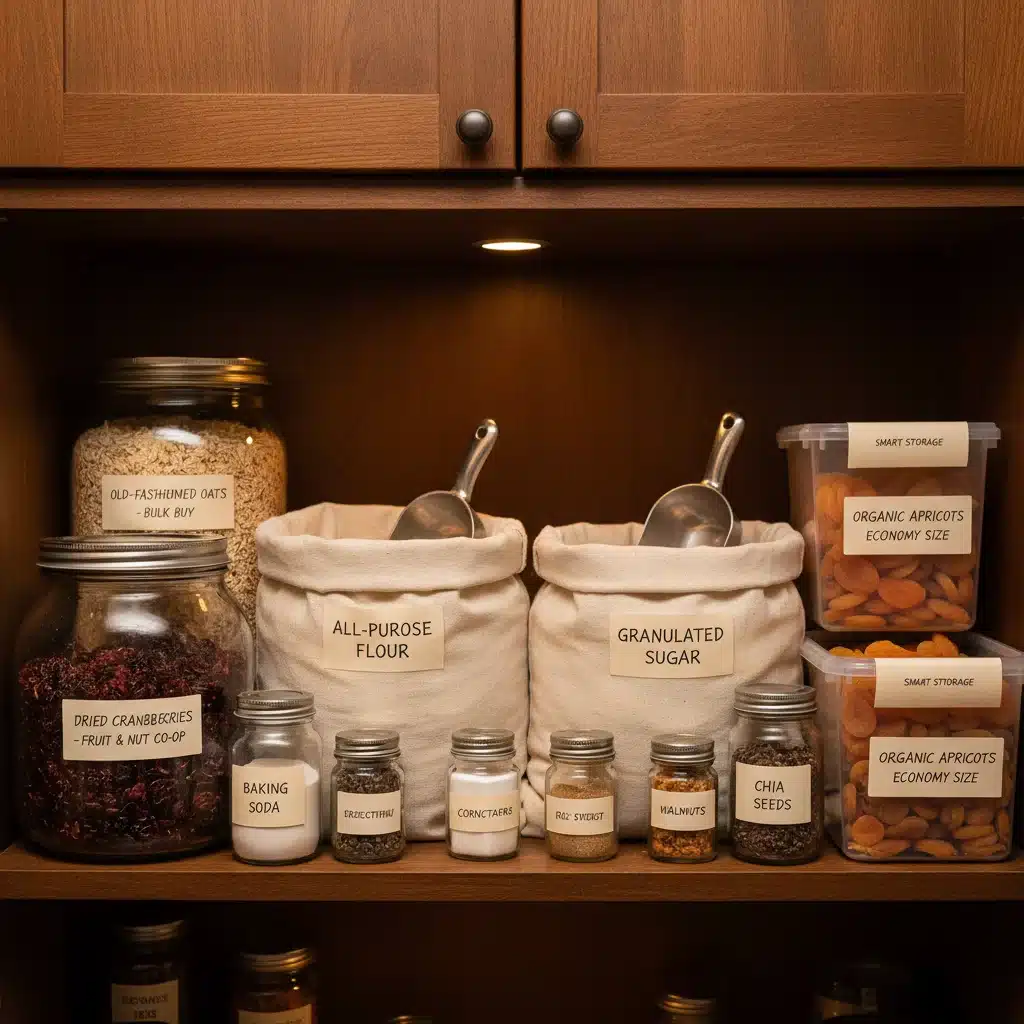 Organized pantry with bulk baking staples for cost savings