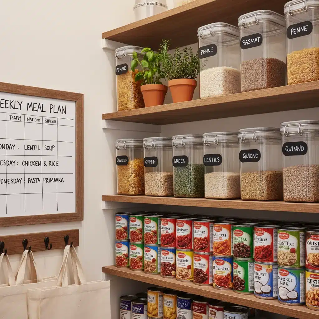 Organized pantry with labeled staples and a visible weekly meal plan.