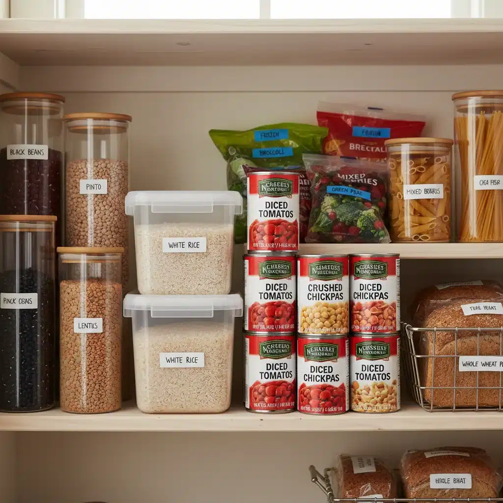 Organized pantry with essential, budget-friendly healthy food staples.