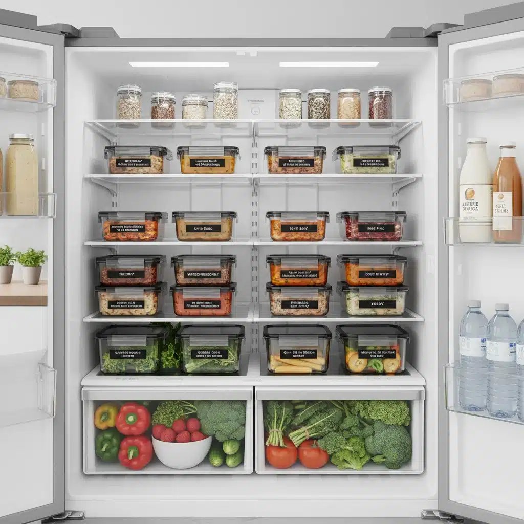 Organized refrigerator with stacked meal prep containers, ready for the week's dinners.