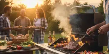 Person grilling a large steak on a gas grill at sunset, surrounded by fresh ingredients.