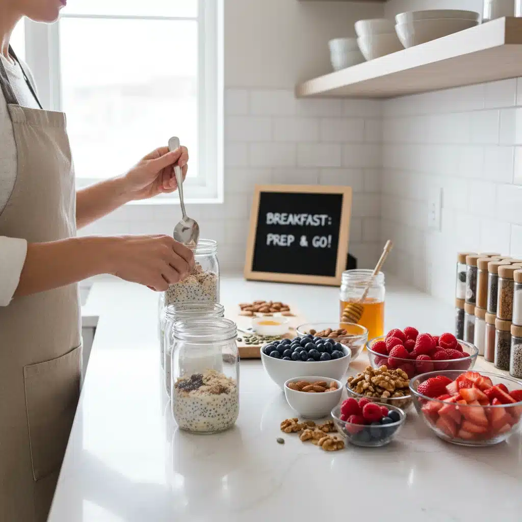 Hands preparing overnight oats in jars with berries and nuts for meal prep.