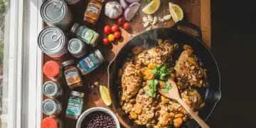 Assortment of vibrant pantry staples on a kitchen counter with a creative main dish